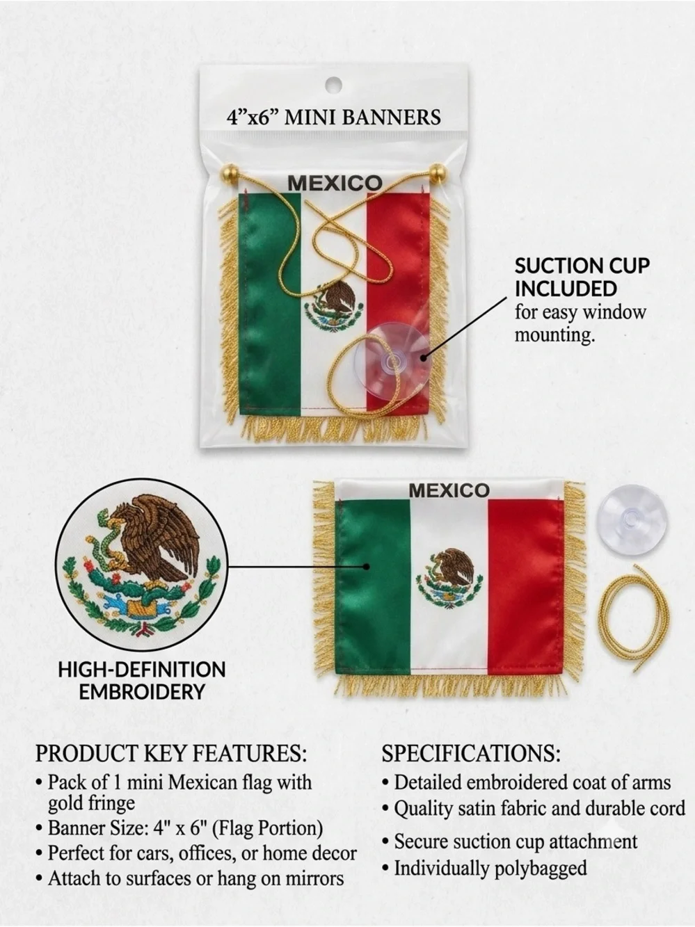 Mexico Mini Banner Car Flag with Gold Fringe - Pack of 2